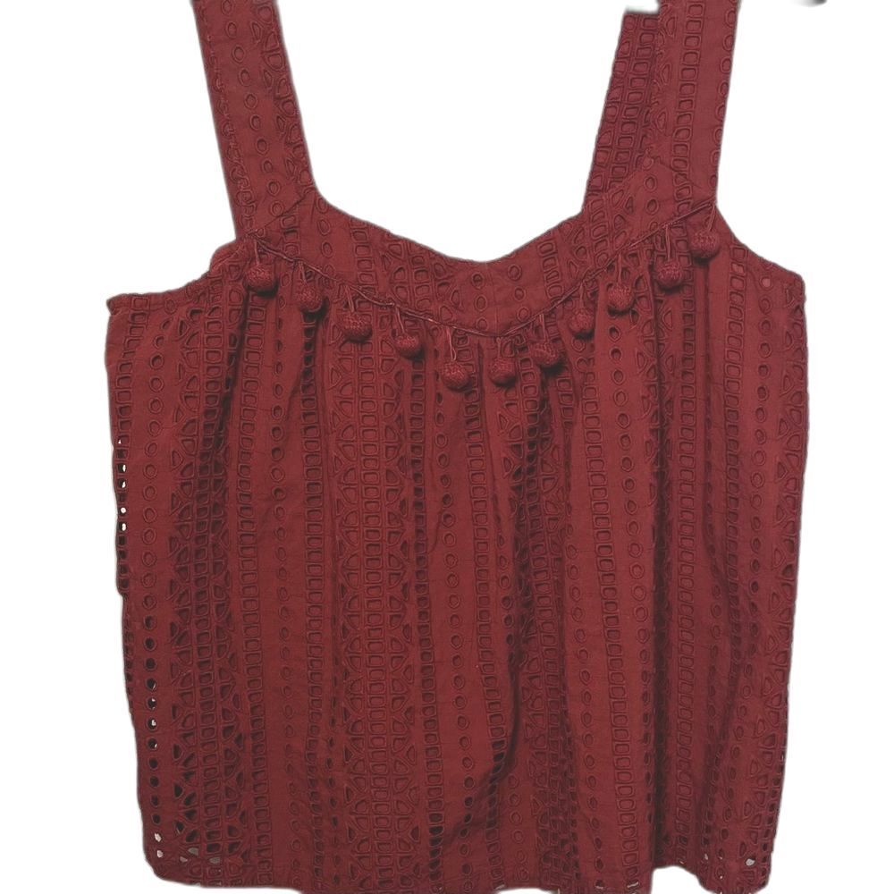 Sundance Boho Burgundy Crocheted Pompom Tank Top Sweetheart Neck Eyelet Large